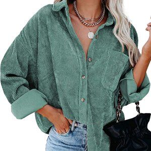 Womens Corduroy Button Down Shirts Boyfriend Long Sleeve Oversized Blouses Tops